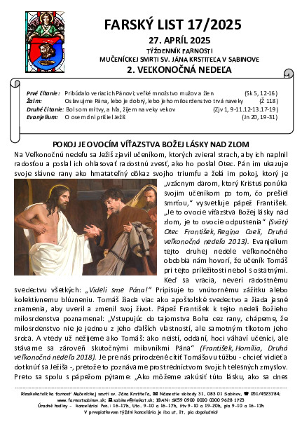 Farský list 2. Veľkonočná nedeľa - Božieho milosrdenstva