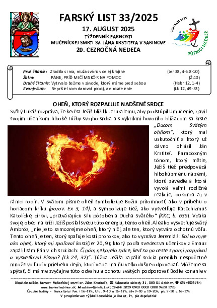 Farský list - 20. nedeľa v cezročnom období