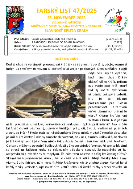 Farský list - 34. nedeľa v cezročnom období Nedeľa Krista Kráľa
