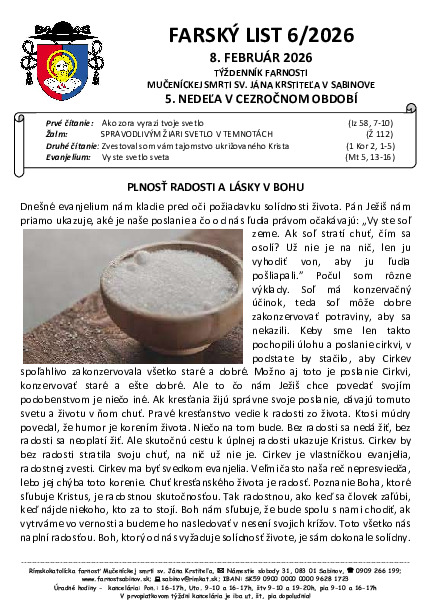 Farský list - 5. nedeľa v cezročnom období