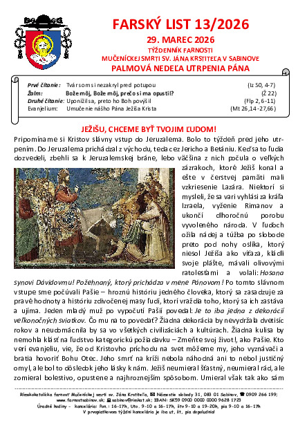 Farský list Palmová (Kvetná) nedeľa Utrpenia Pána