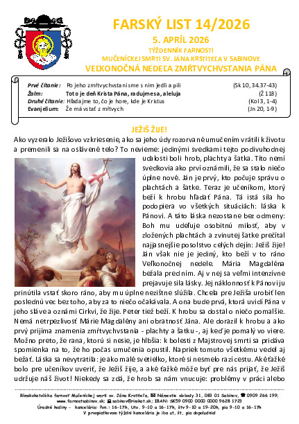 Farský list - Veľkonočná nedeľa Zmŕtvychvstania Pána