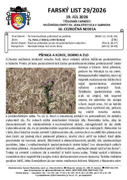 Farský list - 16. cezročná nedeľa