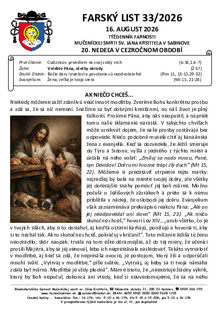 Farský list - 20. cezročná nedeľa