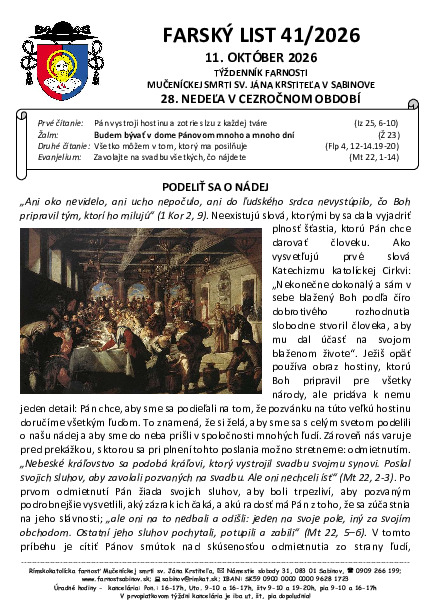 Farský list - 28. cezročná nedeľa